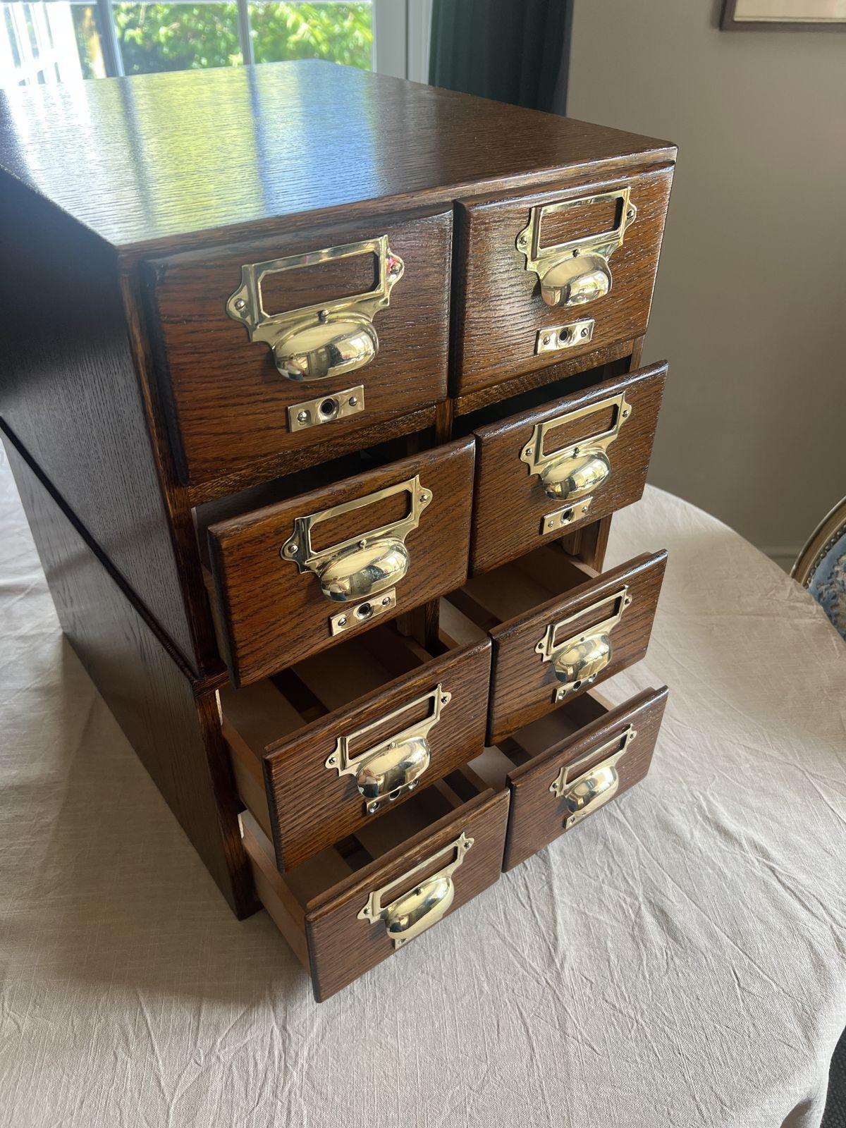 photo furniture Antique Oak Library Index Card Drawers With Brass Handles Two Sets Of 4