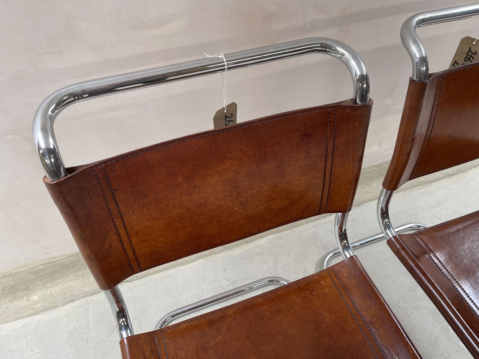 Pair Dining Or Desk Chairs Mart Stam Marcel Breuer S33 Set Of Two 2 Fasem Chrome Tan Cognac Brown Leather Cantilever Bauhaus photo furniture