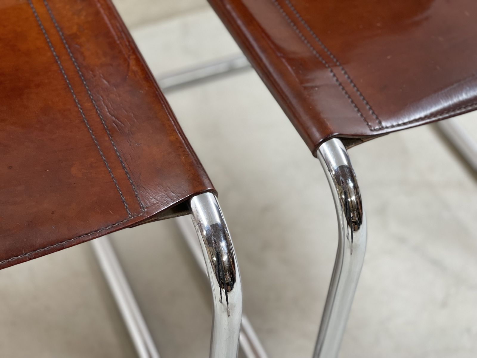 Pair Dining Or Desk Chairs Mart Stam Marcel Breuer S33 Set Of Two 2 Fasem Chrome Tan Cognac Brown Leather Cantilever Bauhaus photo buy