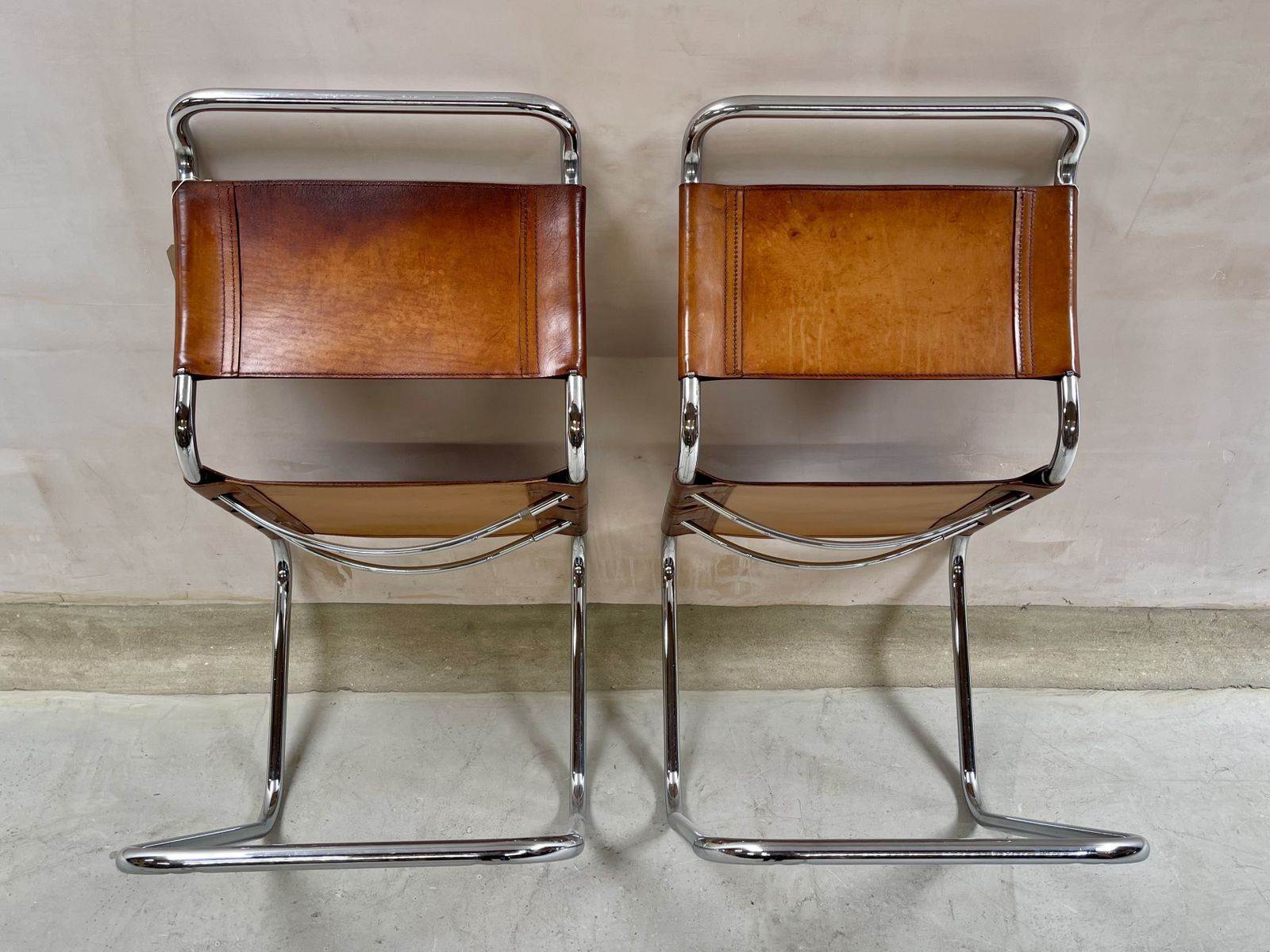 photo for sale Pair Dining Or Desk Chairs Mart Stam Marcel Breuer S33 Set Of Two 2 Fasem Chrome Tan Cognac Brown Leather Cantilever Bauhaus