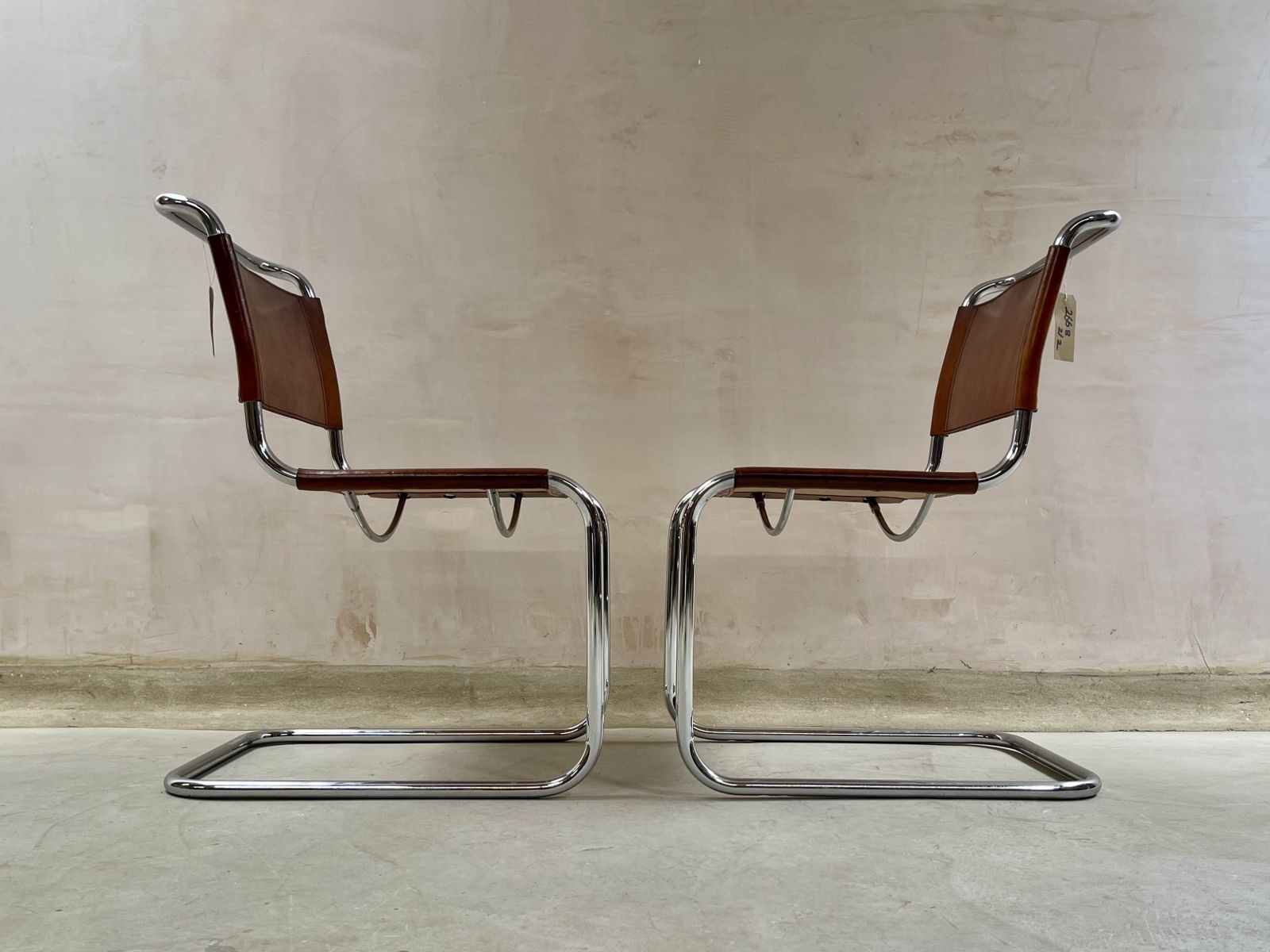 Pair Dining Or Desk Chairs Mart Stam Marcel Breuer S33 Set Of Two 2 Fasem Chrome Tan Cognac Brown Leather Cantilever Bauhaus