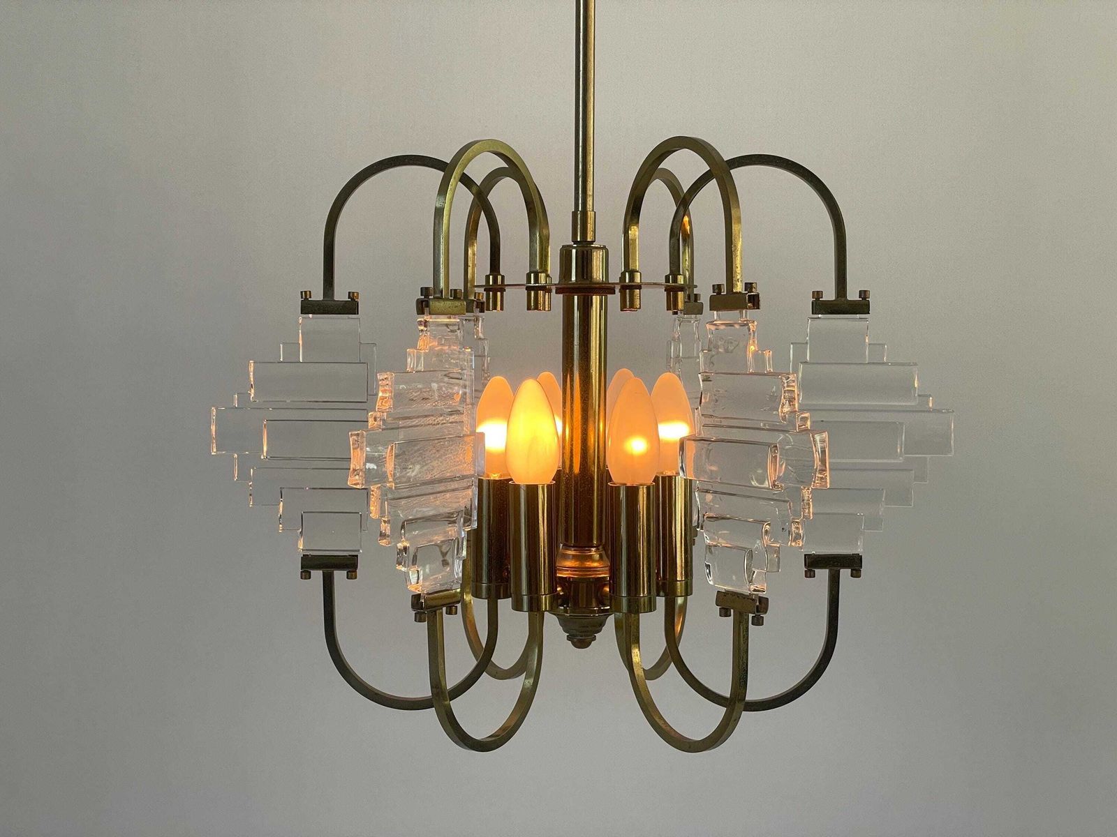 Brass And Crystal Glass Ceiling Lamp, 1960s, Italy photo Lighting