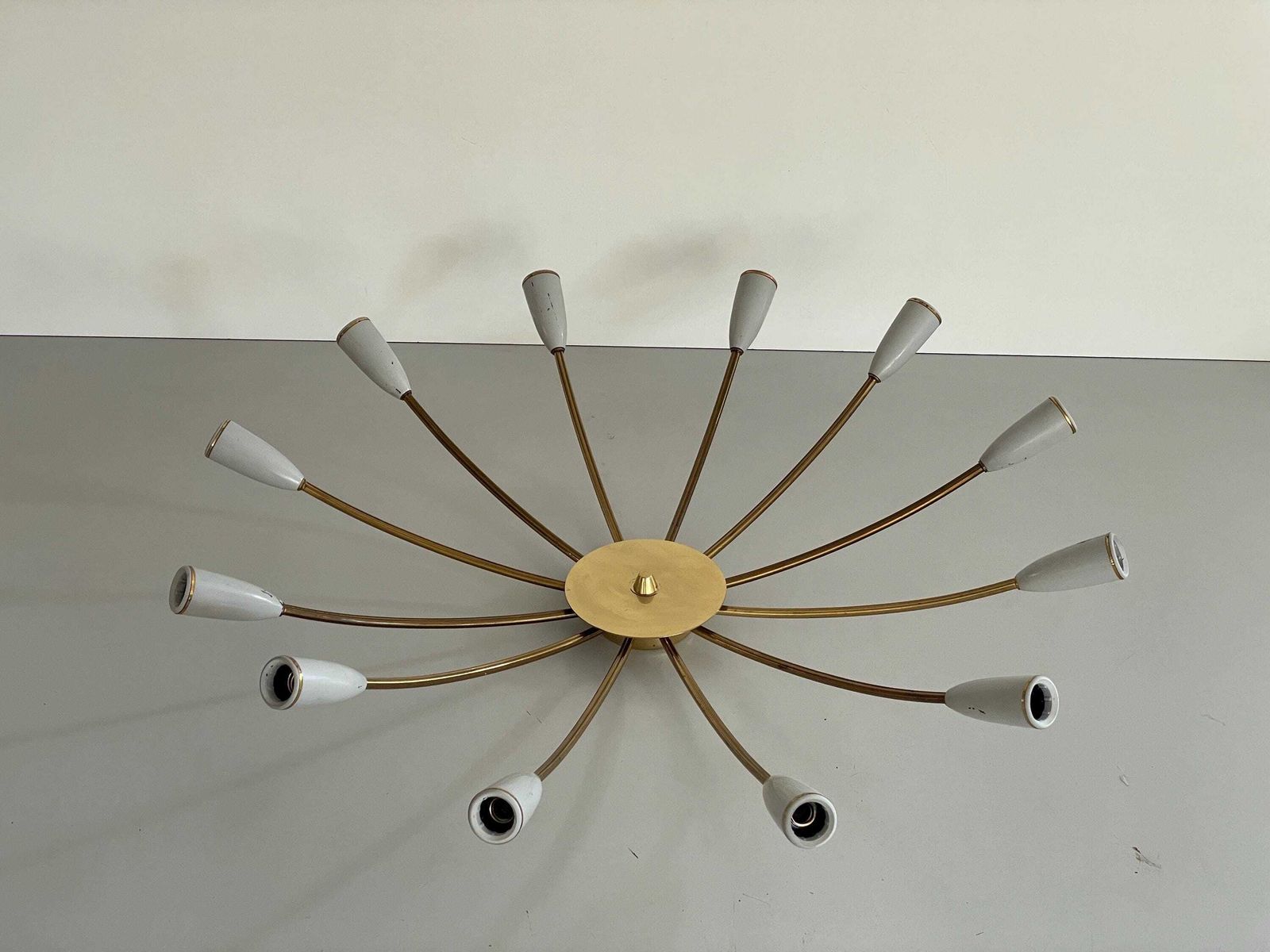 photo furniture Mid Century Gray Metal And Brass Body 12 Armed Sputnik Ceiling Lamp, 1950s, Germany