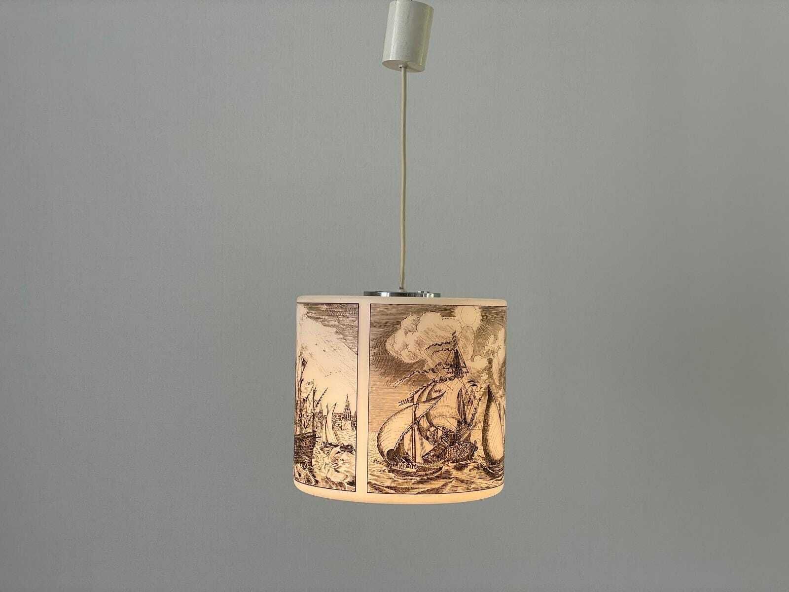 Naval Battle Printed Cylindrical White Glass Ceiling Lamp By Limburg, 1970s, Germany photo furniture