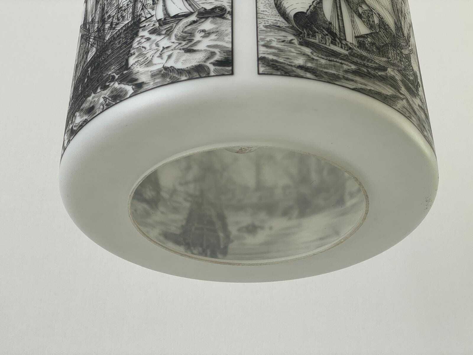 photo for sale Naval Battle Printed Cylindrical White Glass Ceiling Lamp By Limburg, 1970s, Germany