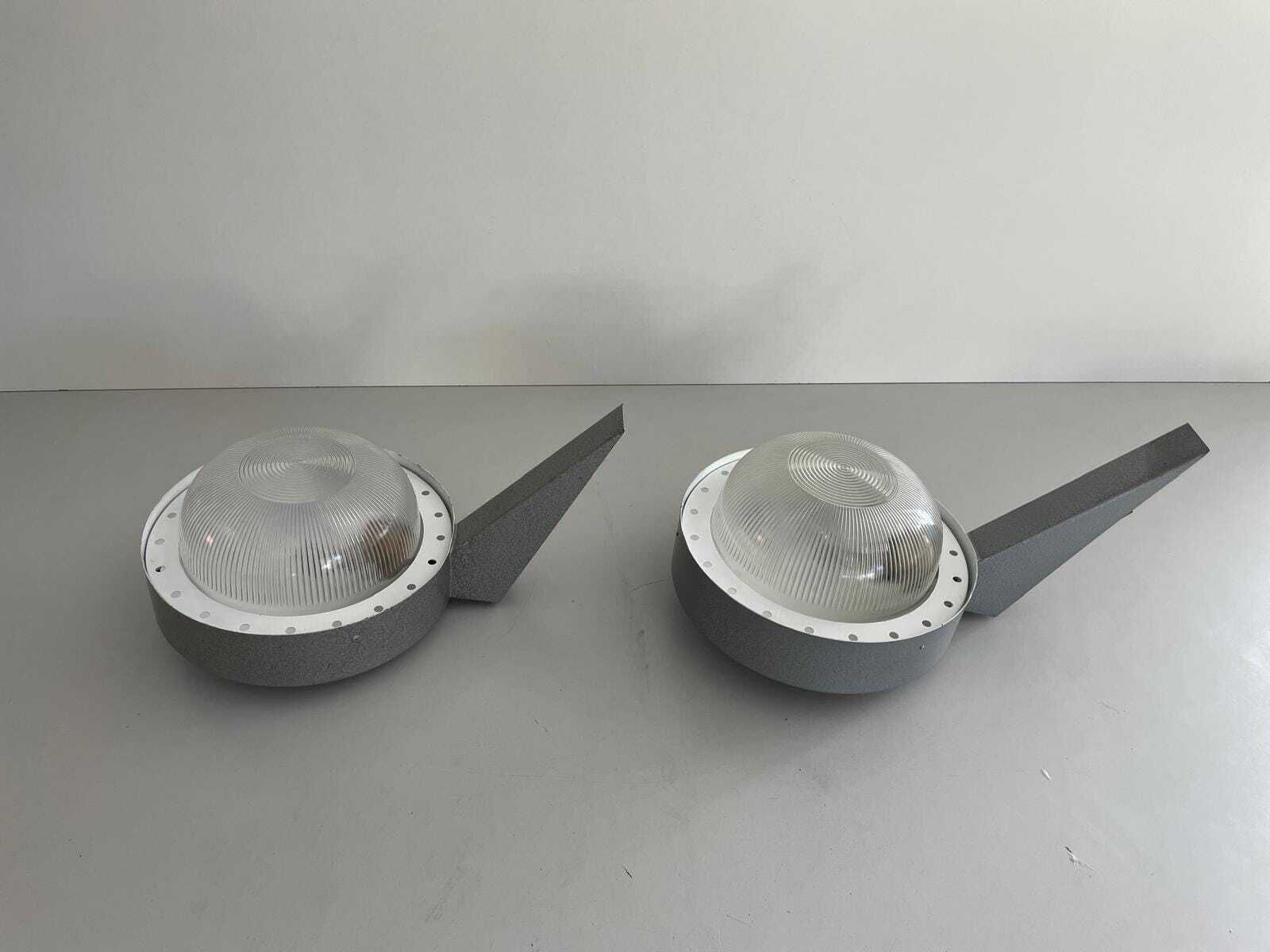 Italian Glass And Gray Metal Large Pair Of Industrial Outdoor Sconces, 1950s, Italy photo for sale