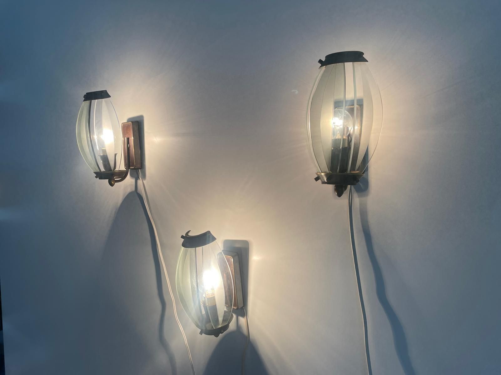 Italian Curved Glass And Metal Set Of 3 Sconces, 1950s, Italy photo Lighting