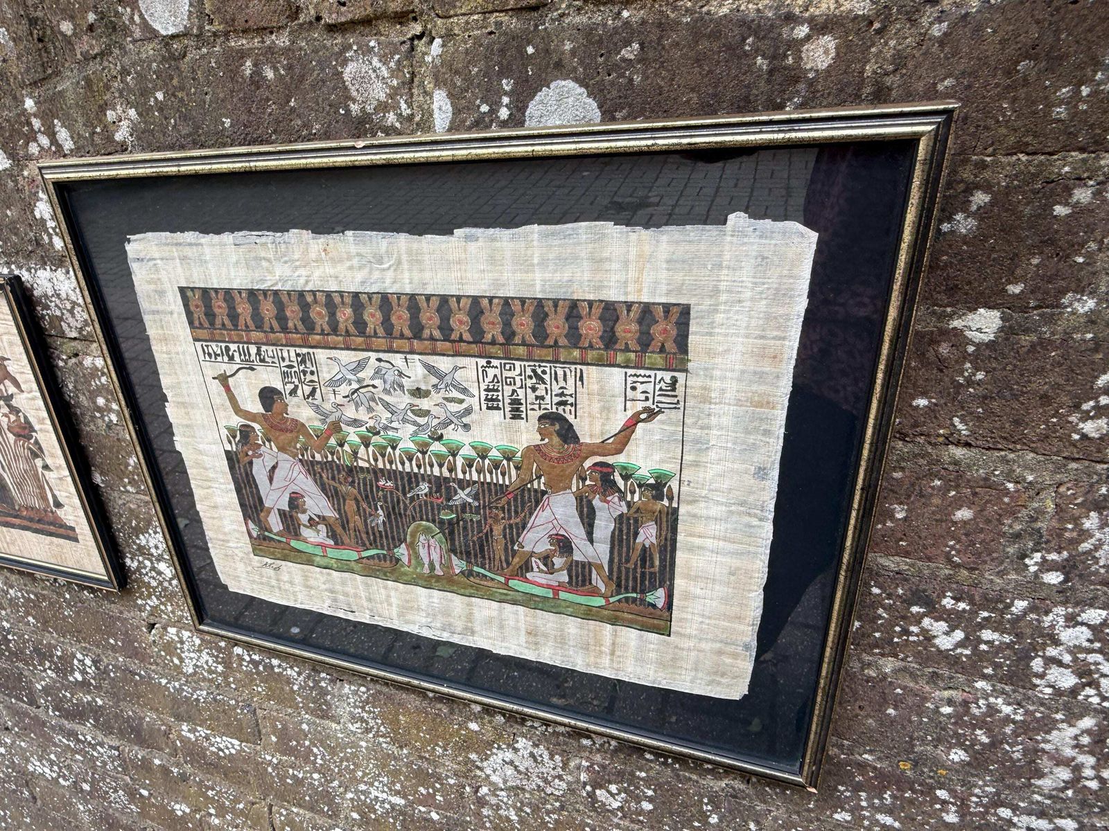 Two Vintage Framed Papyrus Replicas   Pharaoh And Tomb Of Nebamum   Excellent Quality, Hand Painted Egyptian Vintage Art photo vinterior