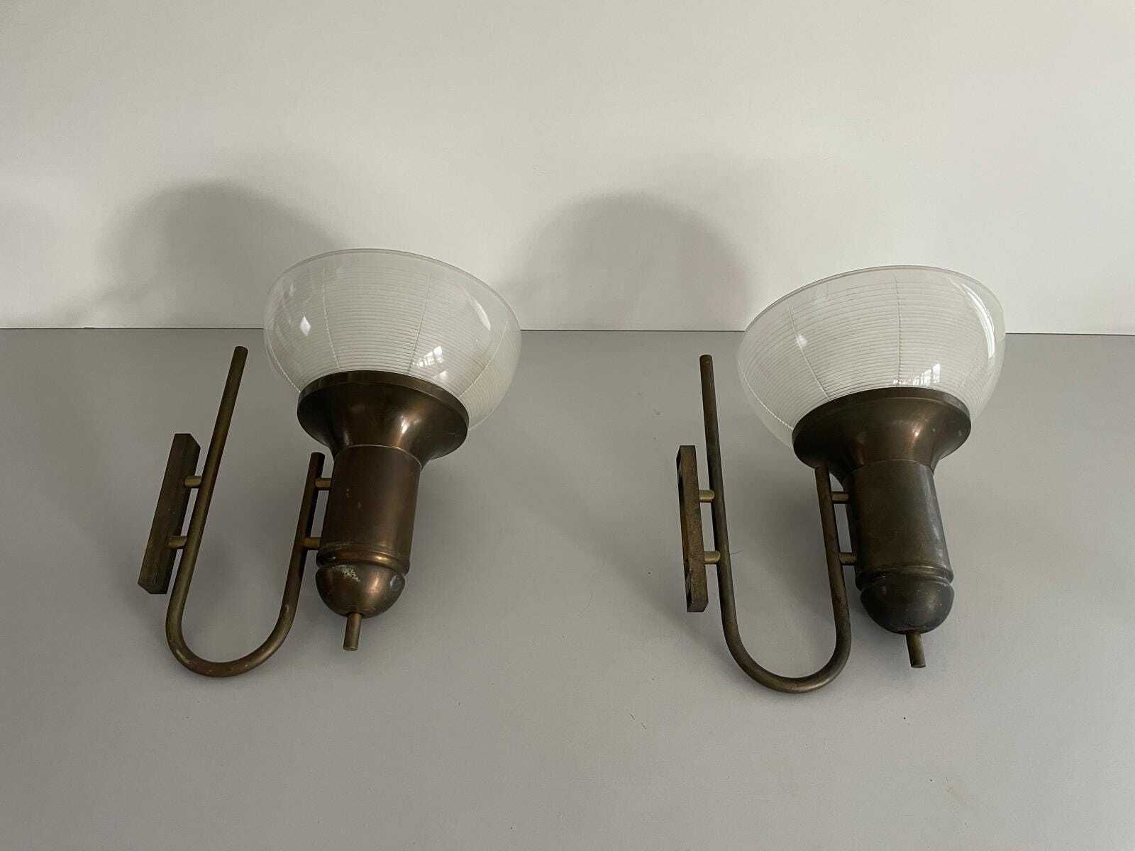Italian Industrial Type Glass & Brass Large Pair Of Sconces, 1950s, Italy