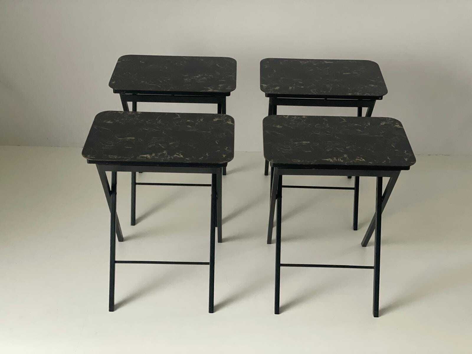 Marble Looking Top Set Of 4 Serving Tables By Artex Green Corp, Folding Stack Tables With Stand, Made In USA