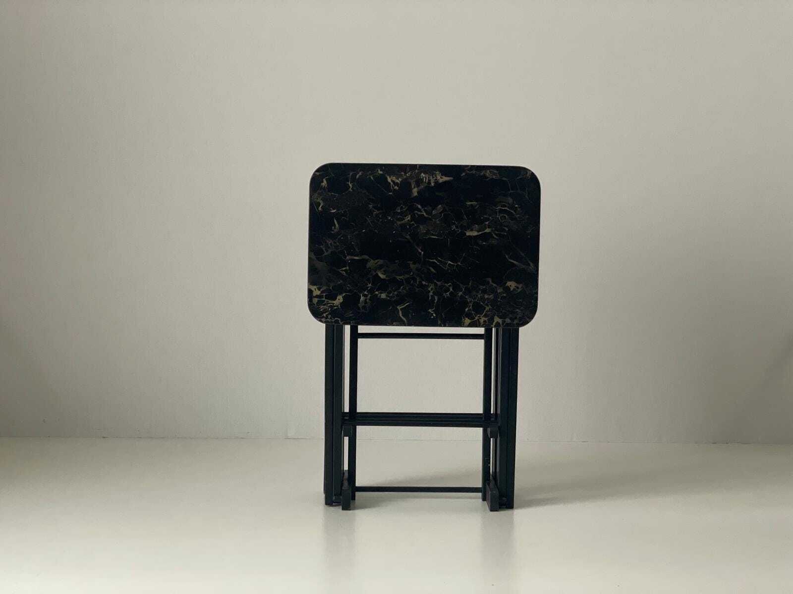 photo for sale Marble Looking Top Set Of 4 Serving Tables By Artex Green Corp, Folding Stack Tables With Stand, Made In USA