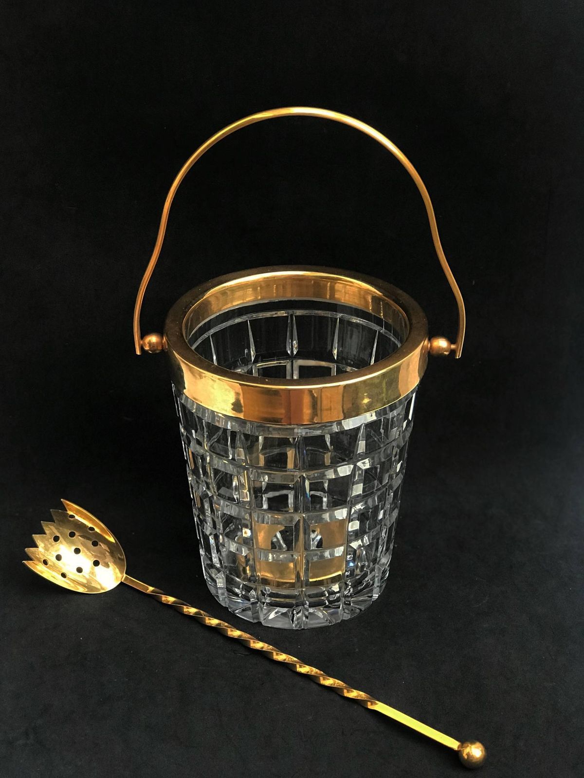 Ice Bucket Hand Cut Crystal French With Golden Metal Handle Mid Century Barware Mixology Tools Bar Cart Hollywood Regency Man Cave Gift