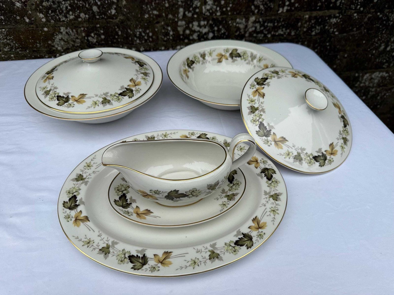 Rare Vintage 1960s Royal Doulton Larchmont Dinner Service – Gold Trim, Autumn Leaves Pattern   6 Place Setting Plus More, 63 Pieces photo Home Decor