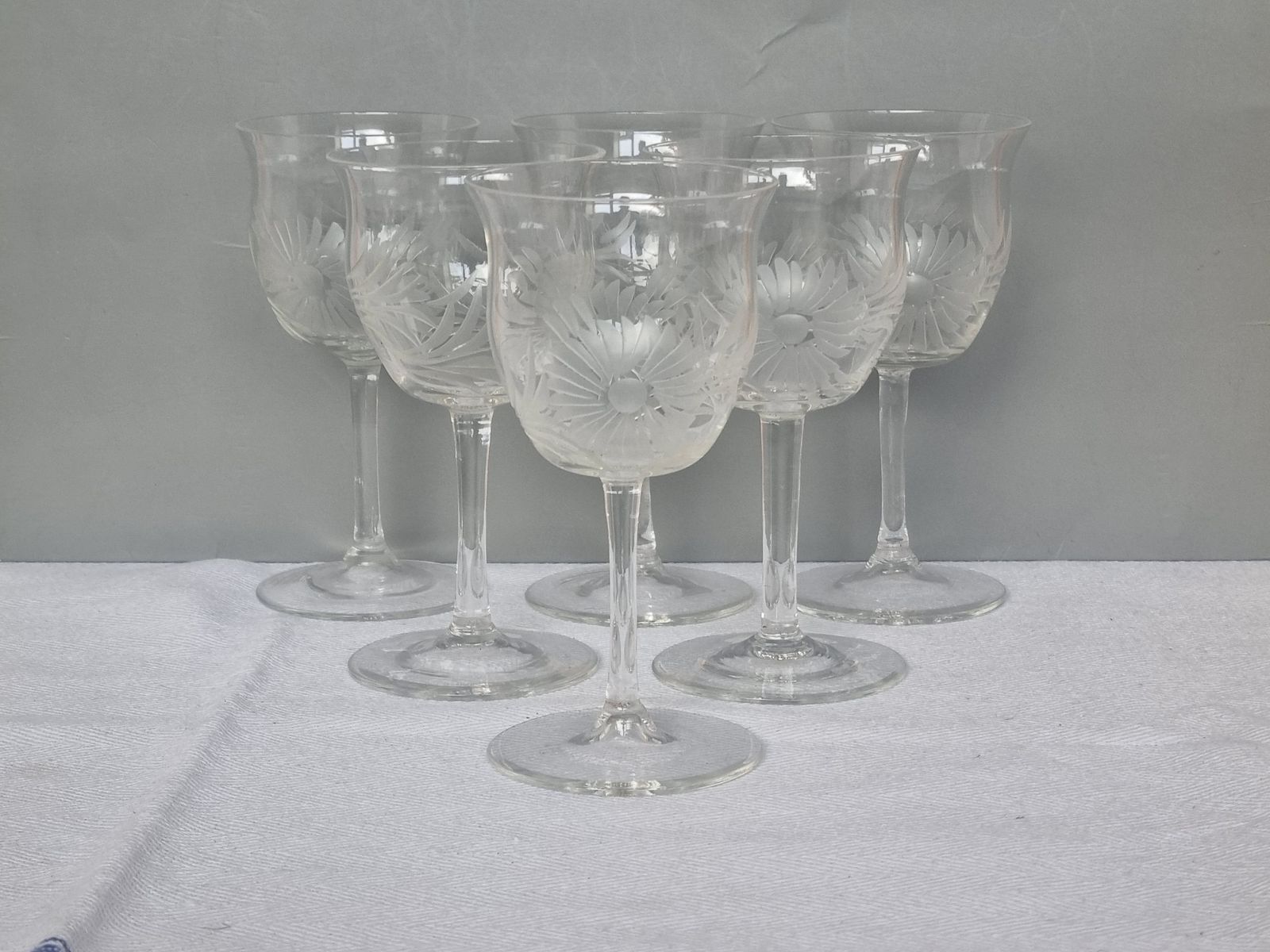 Antique English Sherry Glasses | Hand Blown Etched Crystal Stemware Set Of 6 | Floral Design Port Wine Glasses | Victorian Glassware