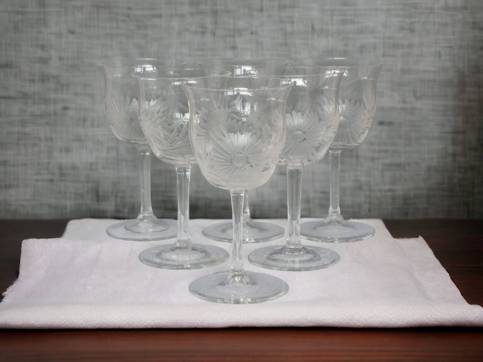 Antique English Sherry Glasses | Hand Blown Etched Crystal Stemware Set Of 6 | Floral Design Port Wine Glasses | Victorian Glassware photo furniture