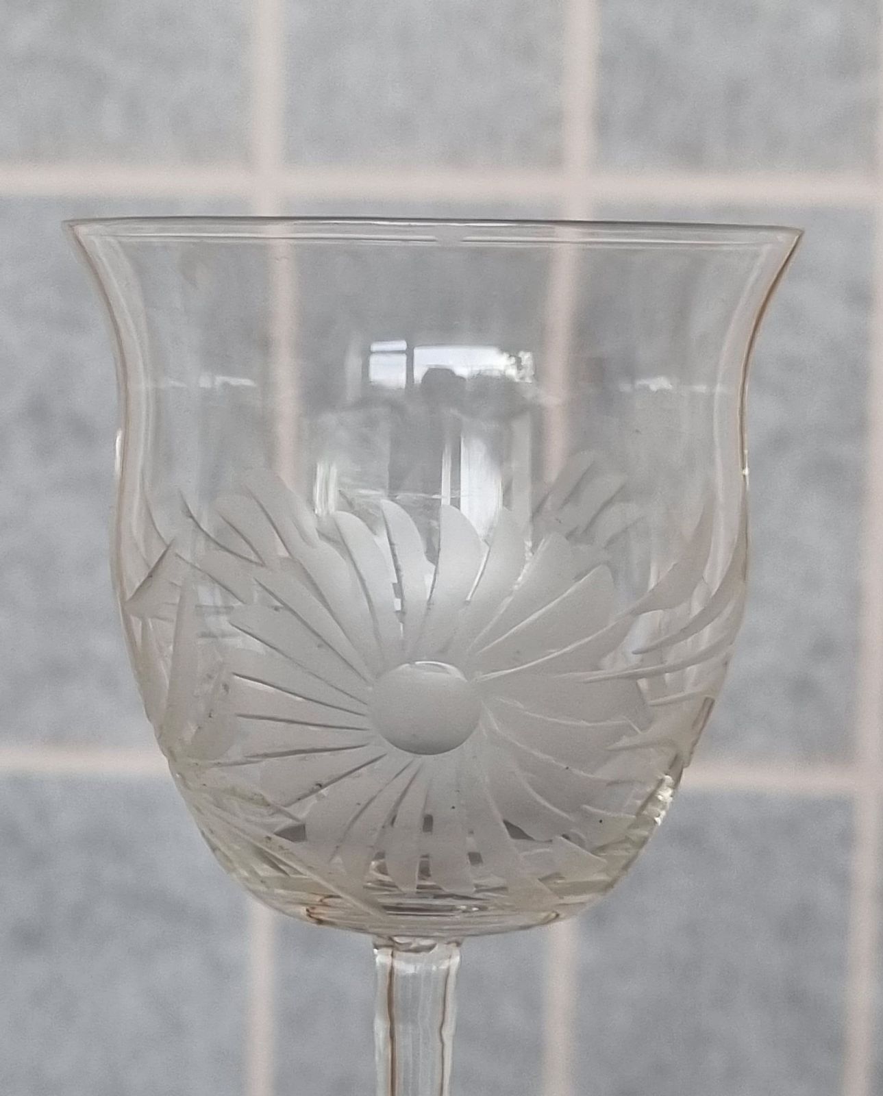 Antique English Sherry Glasses | Hand Blown Etched Crystal Stemware Set Of 6 | Floral Design Port Wine Glasses | Victorian Glassware photo vintage