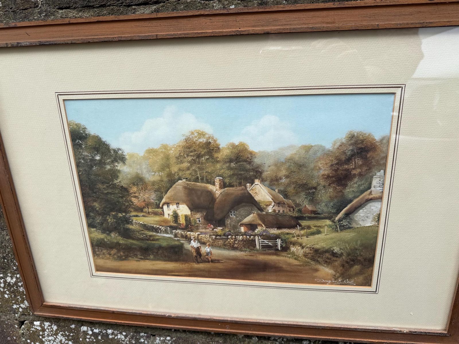 Vintage Douglas E. West Cottage Scene Print In Excellent Vintage Frame – English Countryside Landscape, Thatched Cottages, Rustic Wall Art photo furniture