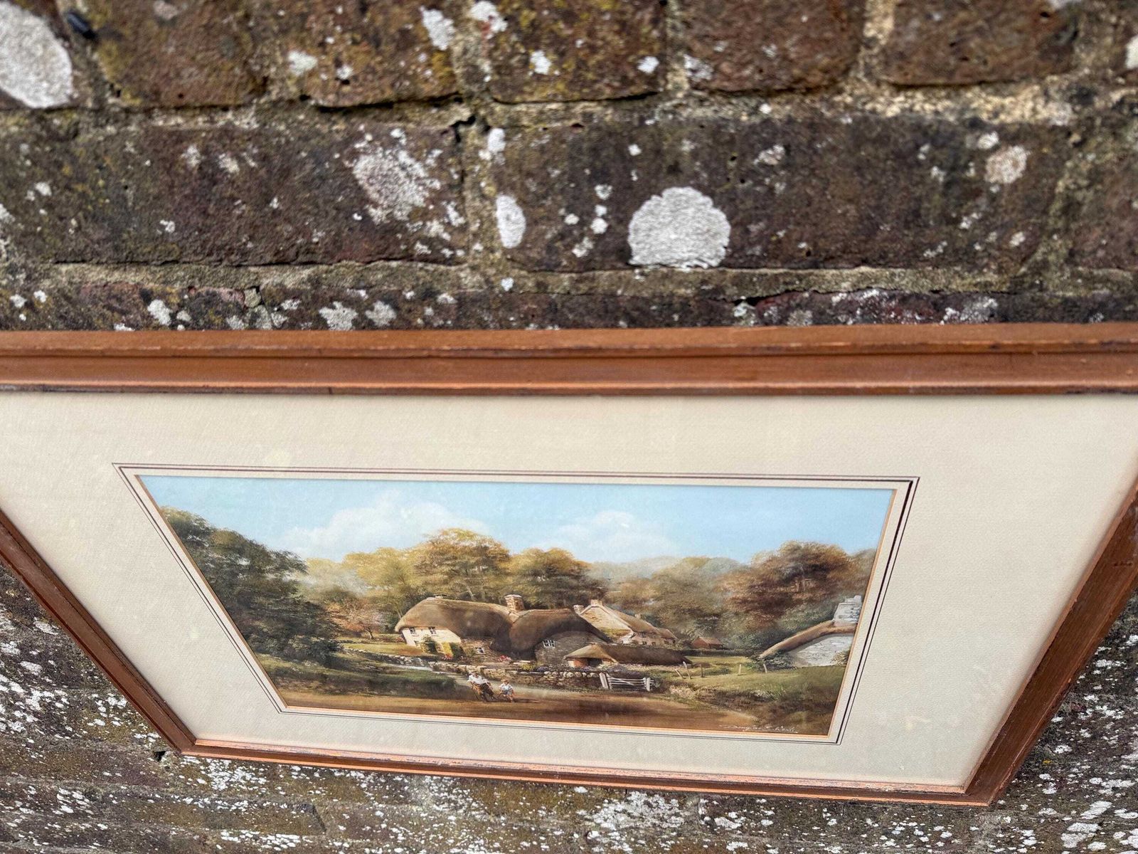 Vintage Douglas E. West Cottage Scene Print In Excellent Vintage Frame – English Countryside Landscape, Thatched Cottages, Rustic Wall Art photo buy