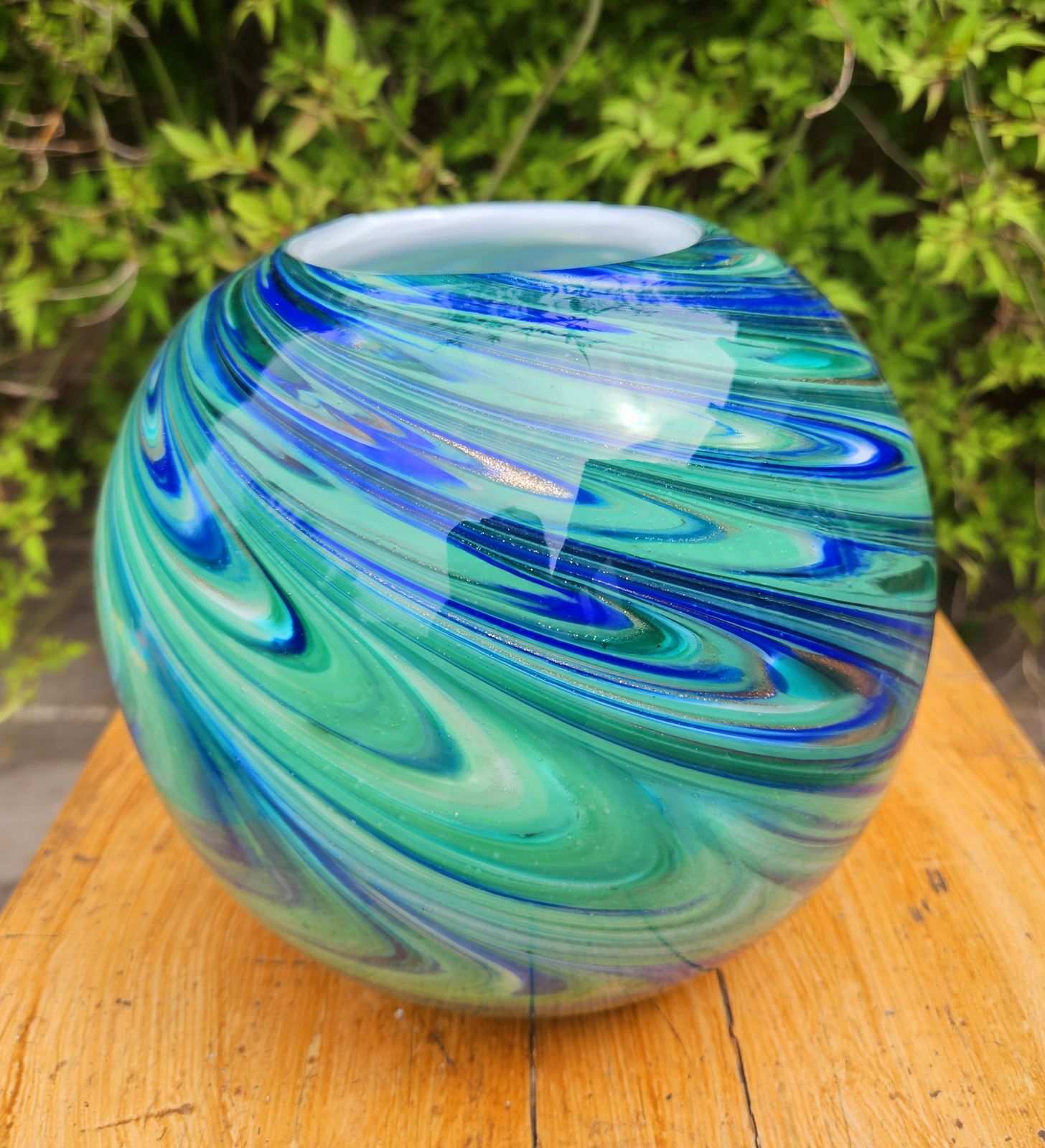 Spectacular Spherical Glass Vase In Swirled Greens & Blues