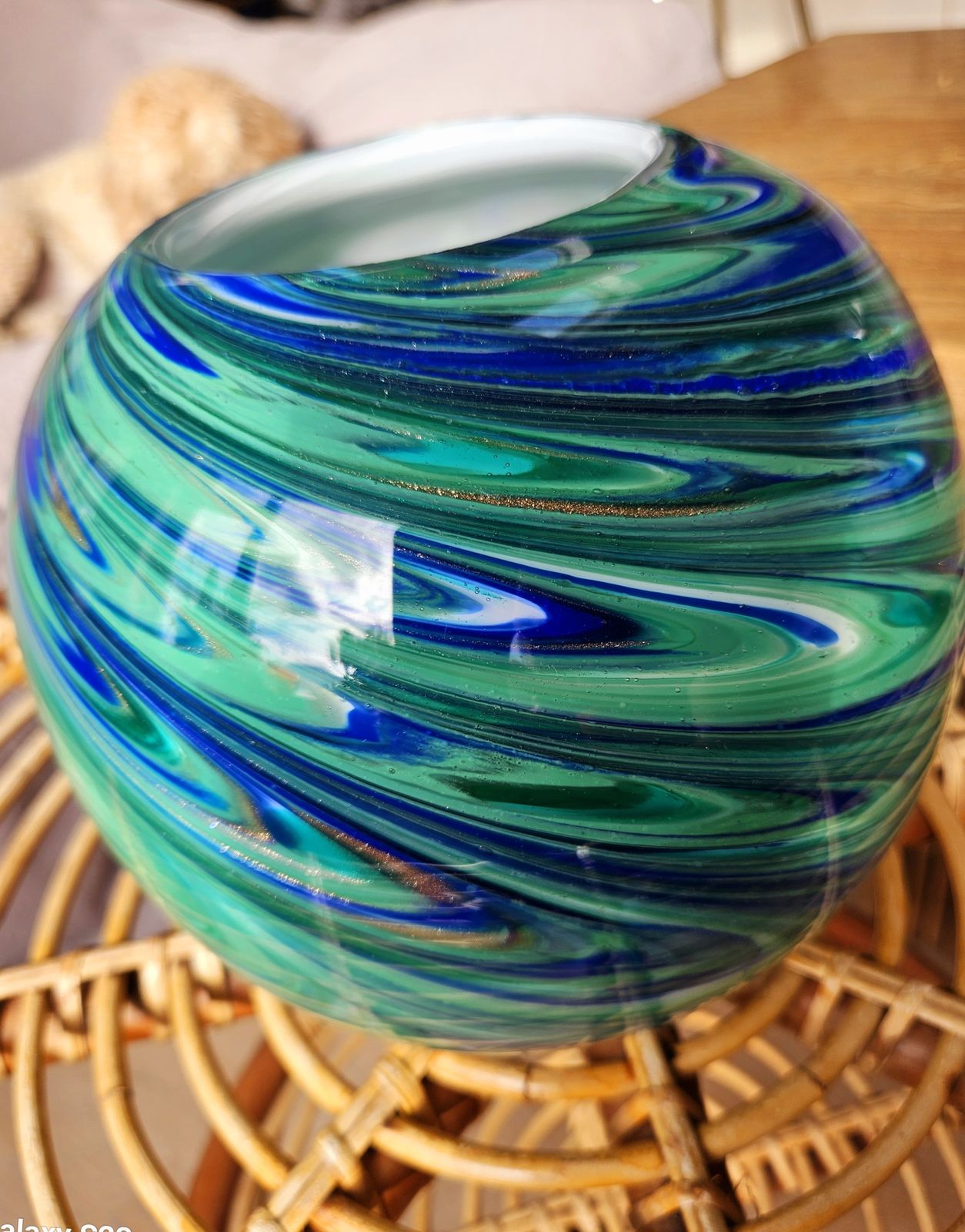 Spectacular Spherical Glass Vase In Swirled Greens & Blues photo 169.0