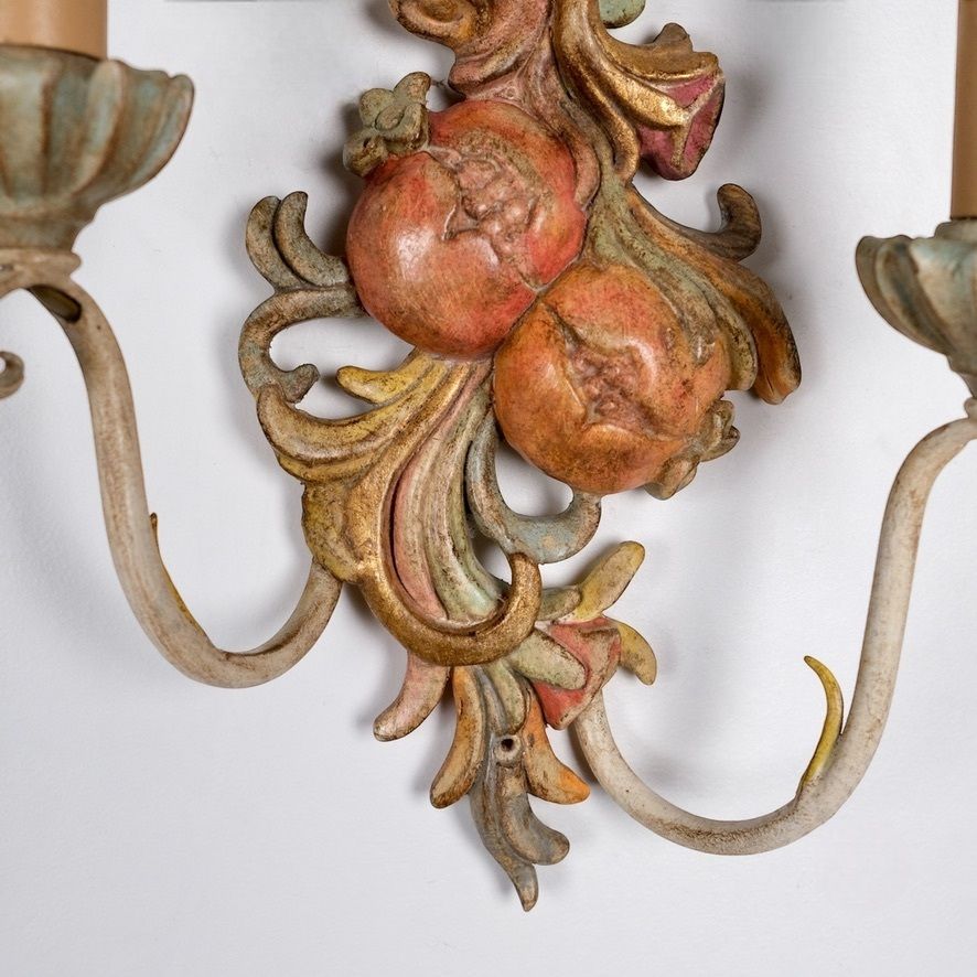 Pair Of Polychrome Carved Wood And Metal Wall Lights By Chelini, Firenze, 1980 photo furniture