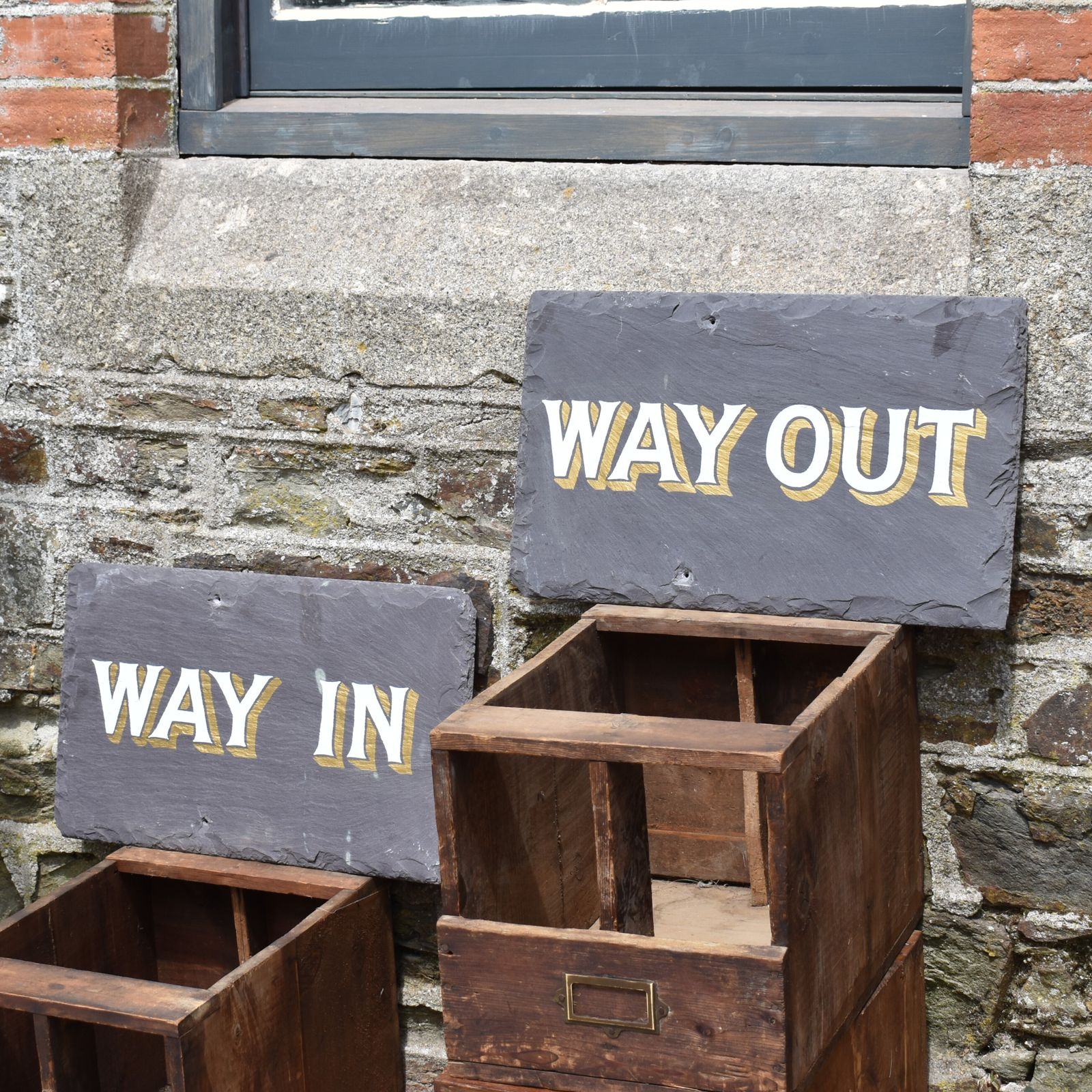 Vintage Hand Painted Signwriting Way In Way Out Salvaged Slate Tile Sign Pair