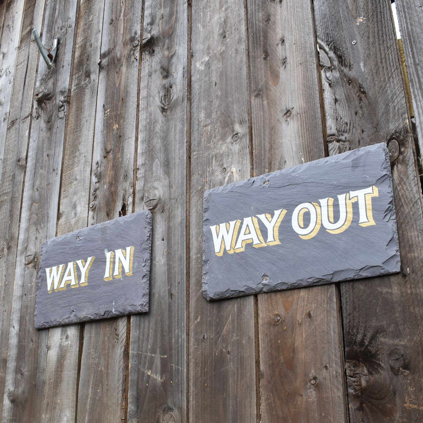 Vintage Hand Painted Signwriting Way In Way Out Salvaged Slate Tile Sign Pair photo furniture
