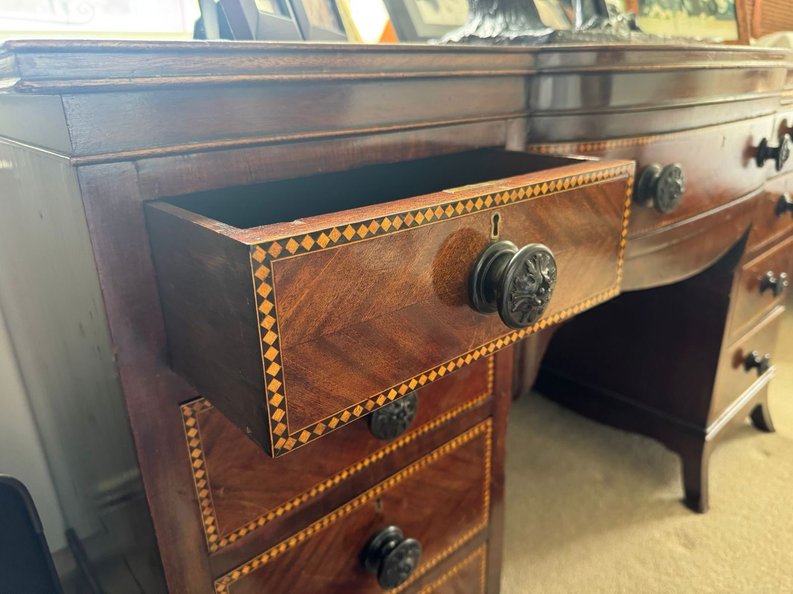 Vintage Desk With Inlay Detail On  Drawers And Upholstered Chair photo buy