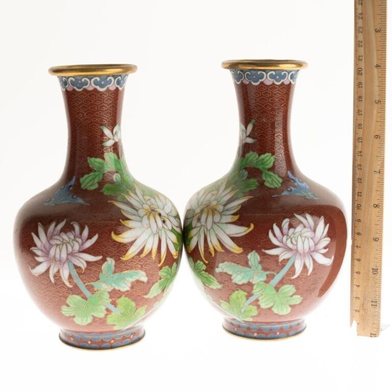 Pair Of Chinese Cloisonne Enamel Bronze Blossom Vases photo furniture