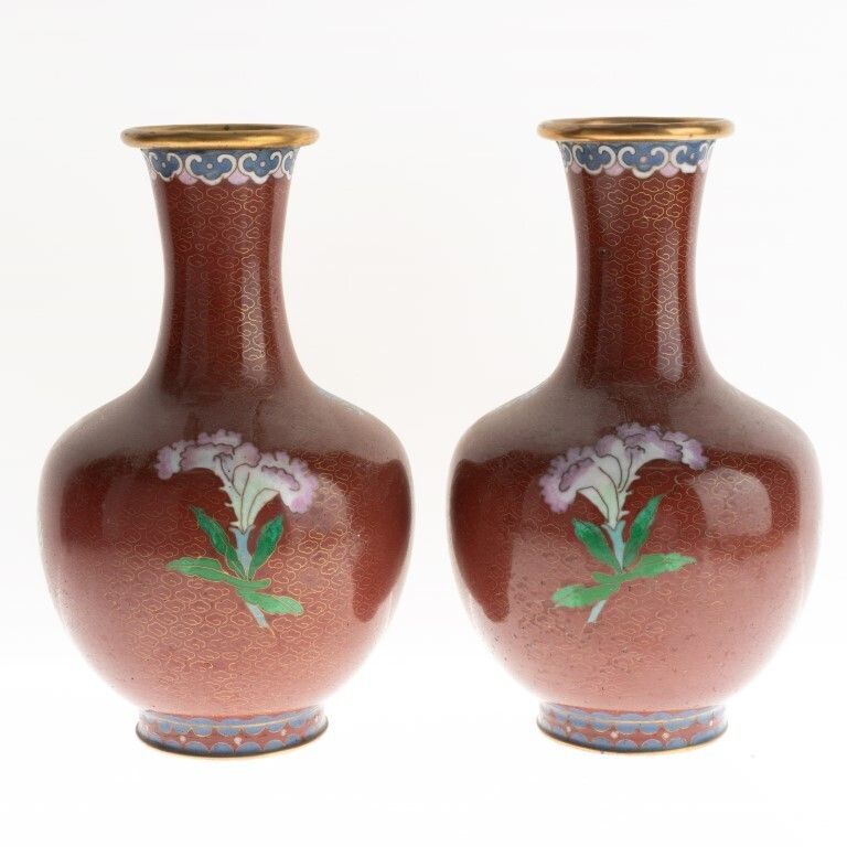 Pair Of Chinese Cloisonne Enamel Bronze Blossom Vases photo for sale