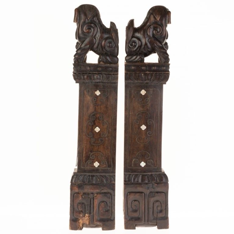 Antique Chinese Hardwood Foo Dogs Wall Mounts With Inlaid Bronze & Mother Of Pearl photo for sale