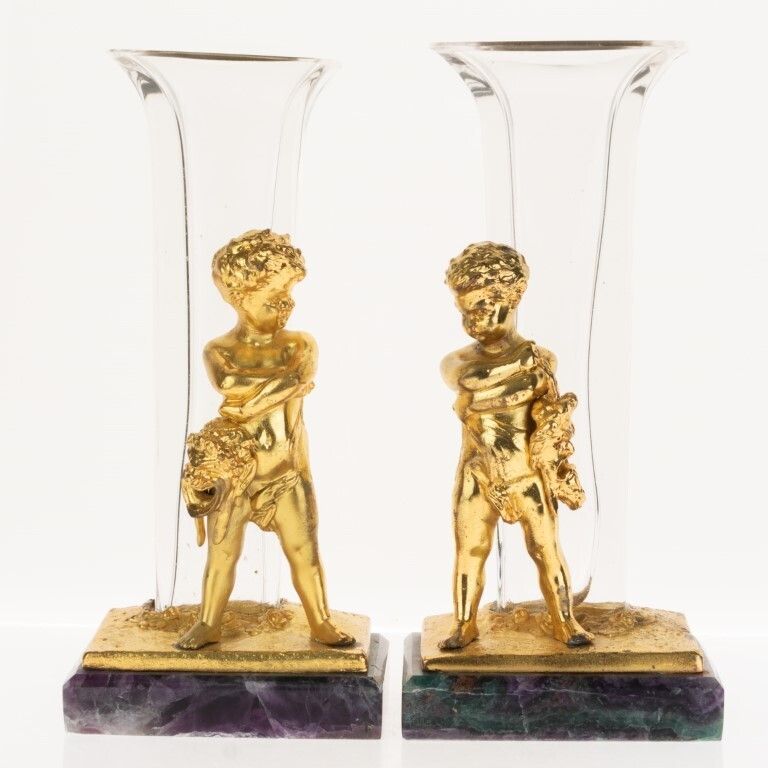Antique Set Of French Gilt Bronze & Rock Crystal Cherub Vases With Blue John Base
