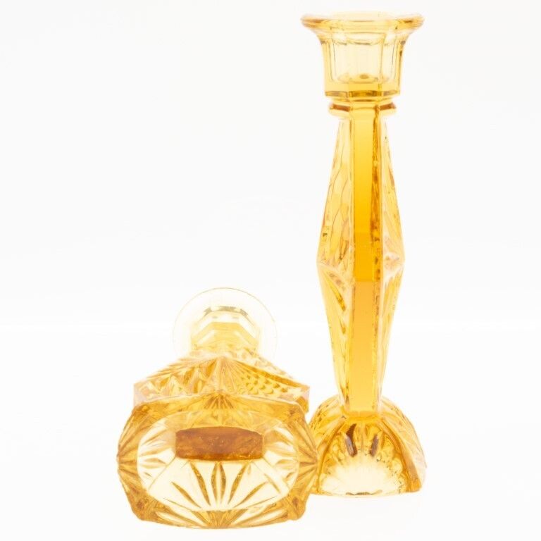 Antique Pair Of Art Deco Pressed Amber Glass Candlesticks photo furniture