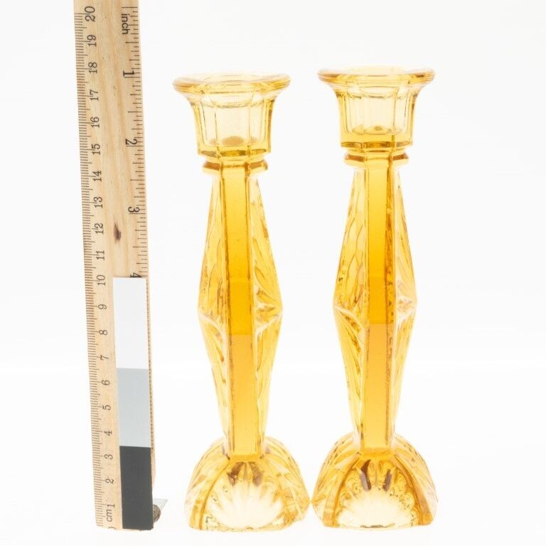 Antique Pair Of Art Deco Pressed Amber Glass Candlesticks photo for sale