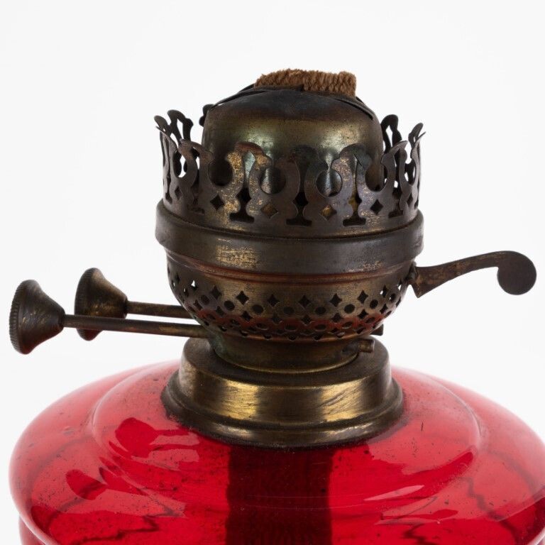 Antique Victorian Ribbed Red Glass Oil Lamp Brass Base photo furniture