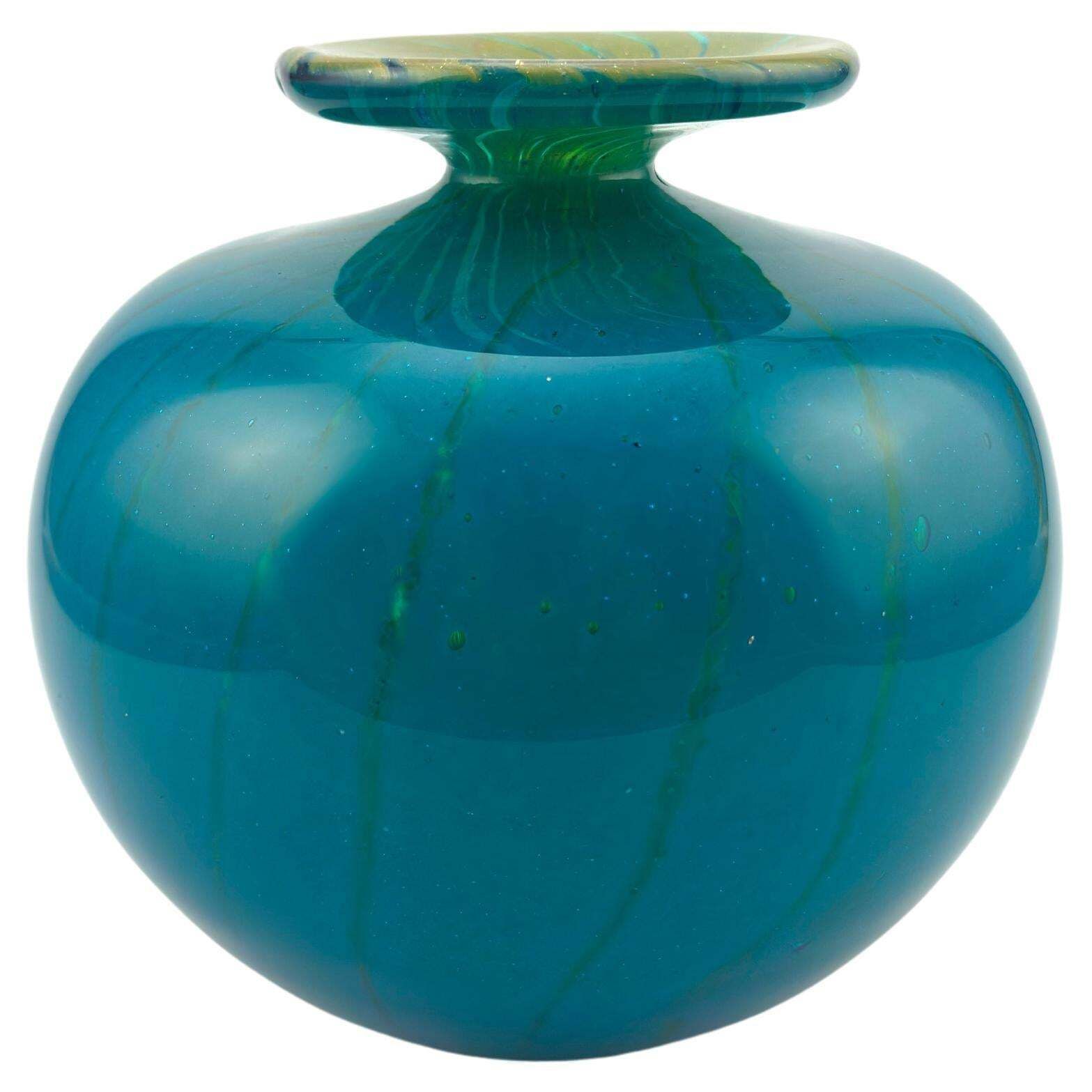Turquoise Mdina Glass Squat Bottle Vase In ‘Ming’ Pattern, Signed And Dated 1979, Malta