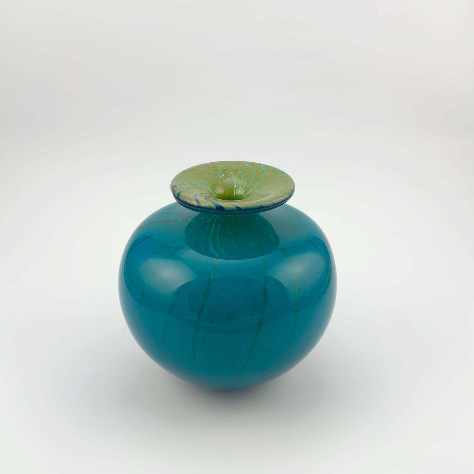 Turquoise Mdina Glass Squat Bottle Vase In ‘Ming’ Pattern, Signed And Dated 1979, Malta photo for sale