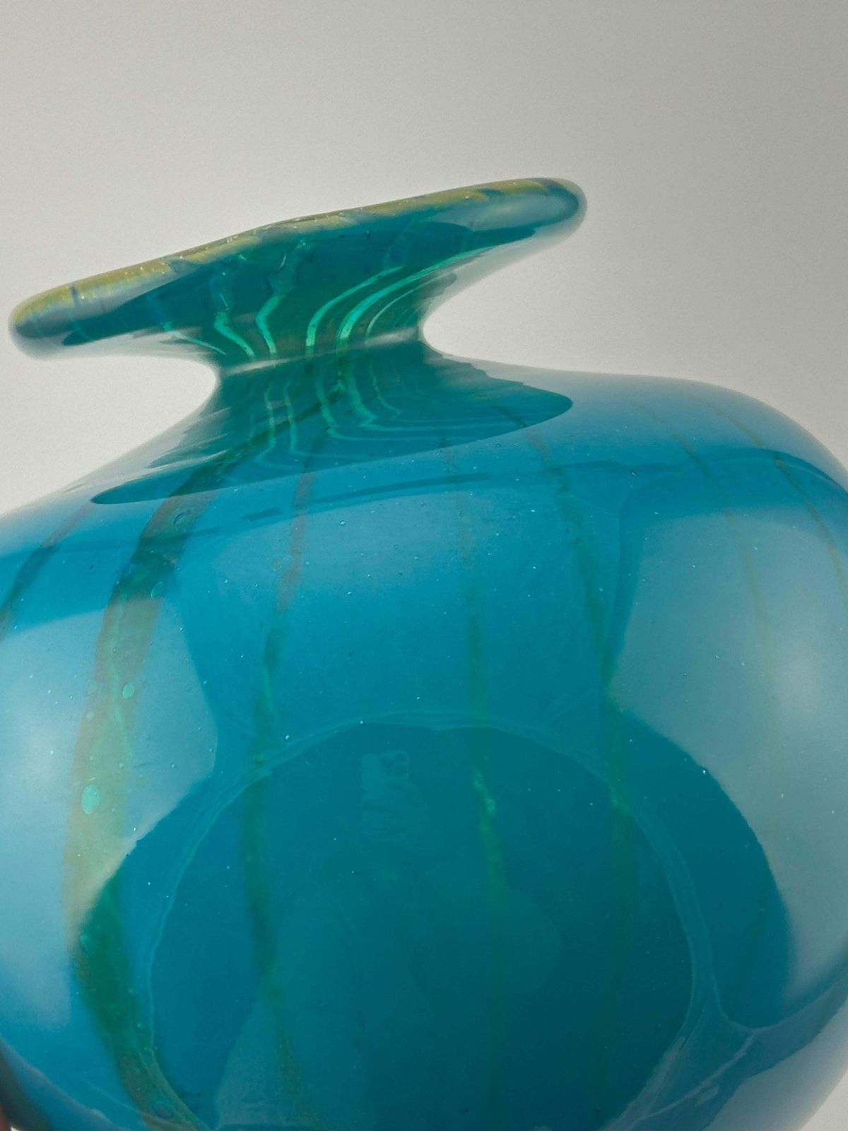 Turquoise Mdina Glass Squat Bottle Vase In ‘Ming’ Pattern, Signed And Dated 1979, Malta photo vintage