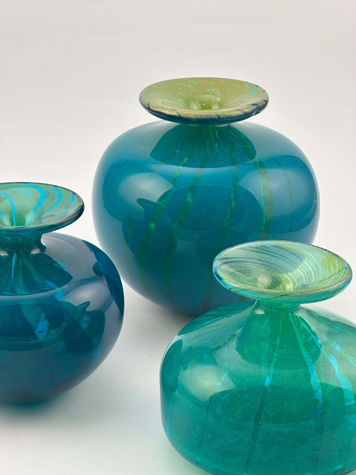 Home Decor Turquoise Mdina Glass Squat Bottle Vase In ‘Ming’ Pattern, Signed And Dated 1979, Malta photo