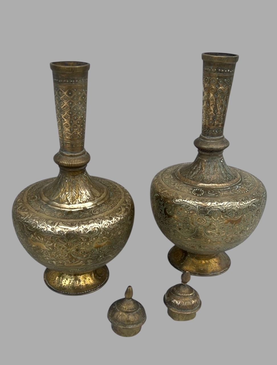 A Pair Of Antique Brass Surahi Lidded Water Vessels photo Home Decor