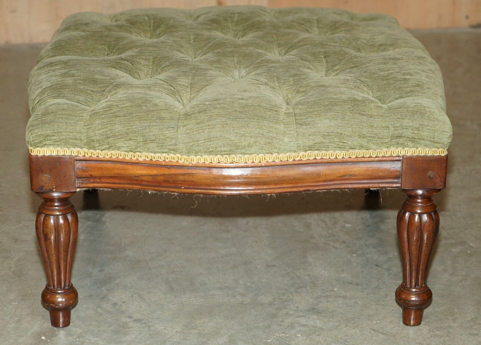 Vintage Mahogany Framed Green Velour Chesterfield Tufted Large Footstool Ottoman photo vintage