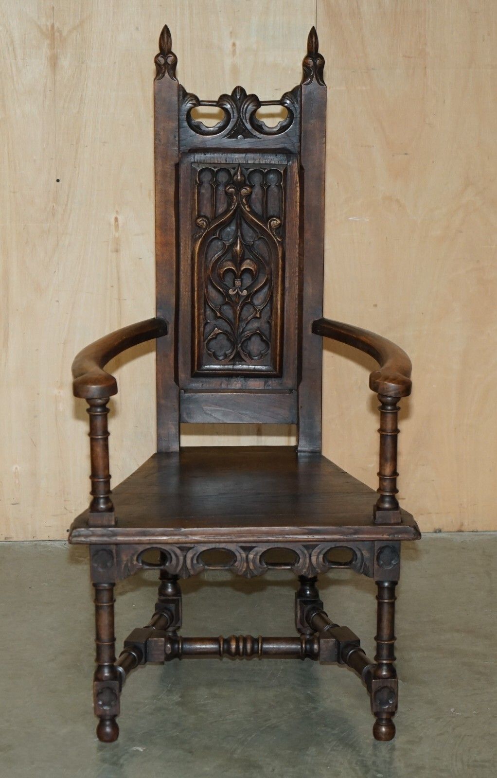 Lovely Gothic Revival Hand Made In England Oak Throne Armchair With Steeple Back photo furniture