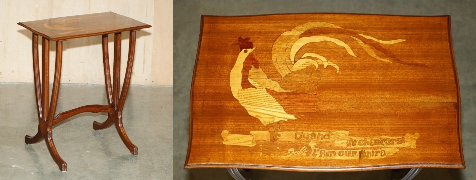 Very Rare Emile Galle Romantic Specimen Wood Table "When I Sing, Love Will End"