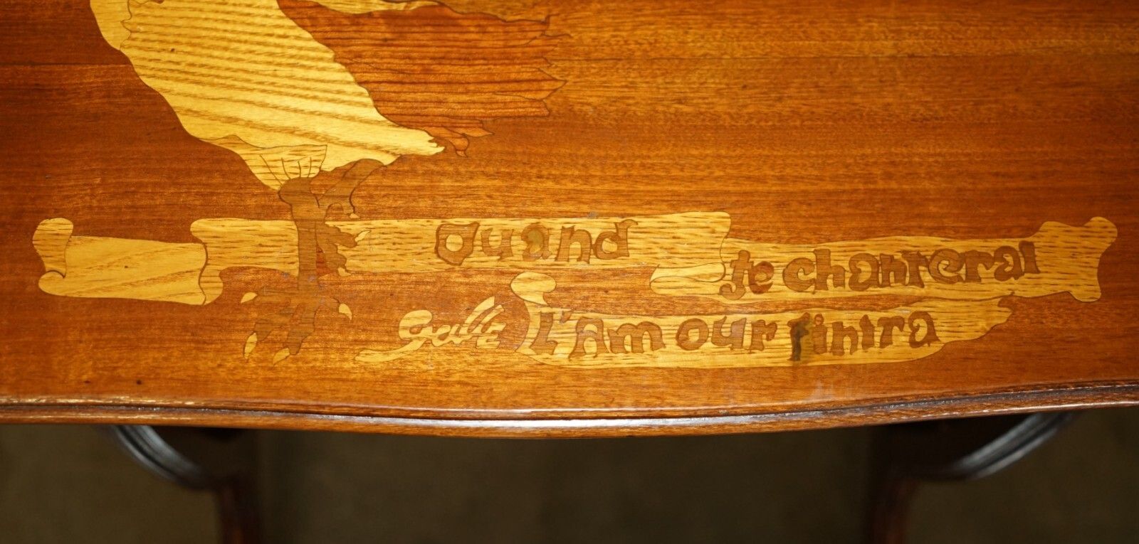 Very Rare Emile Galle Romantic Specimen Wood Table "When I Sing, Love Will End" photo buy