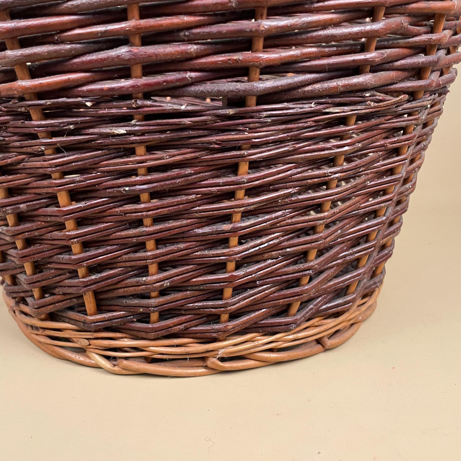 Vintage Round Basket Woven Wicker Brown Antique Storage Farmhouse Cottage Decor Large Cane Wood Handles Logs Fireplace Fire Side 2 Tone photo Home Decor