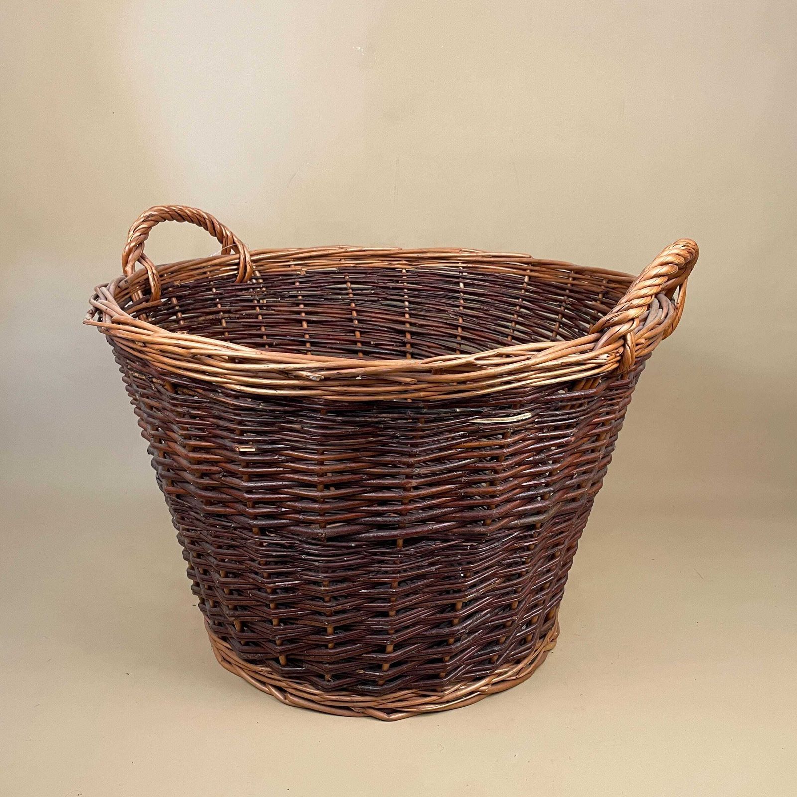 Vintage Round Basket Woven Wicker Brown Antique Storage Farmhouse Cottage Decor Large Cane Wood Handles Logs Fireplace Fire Side 2 Tone photo 69.0