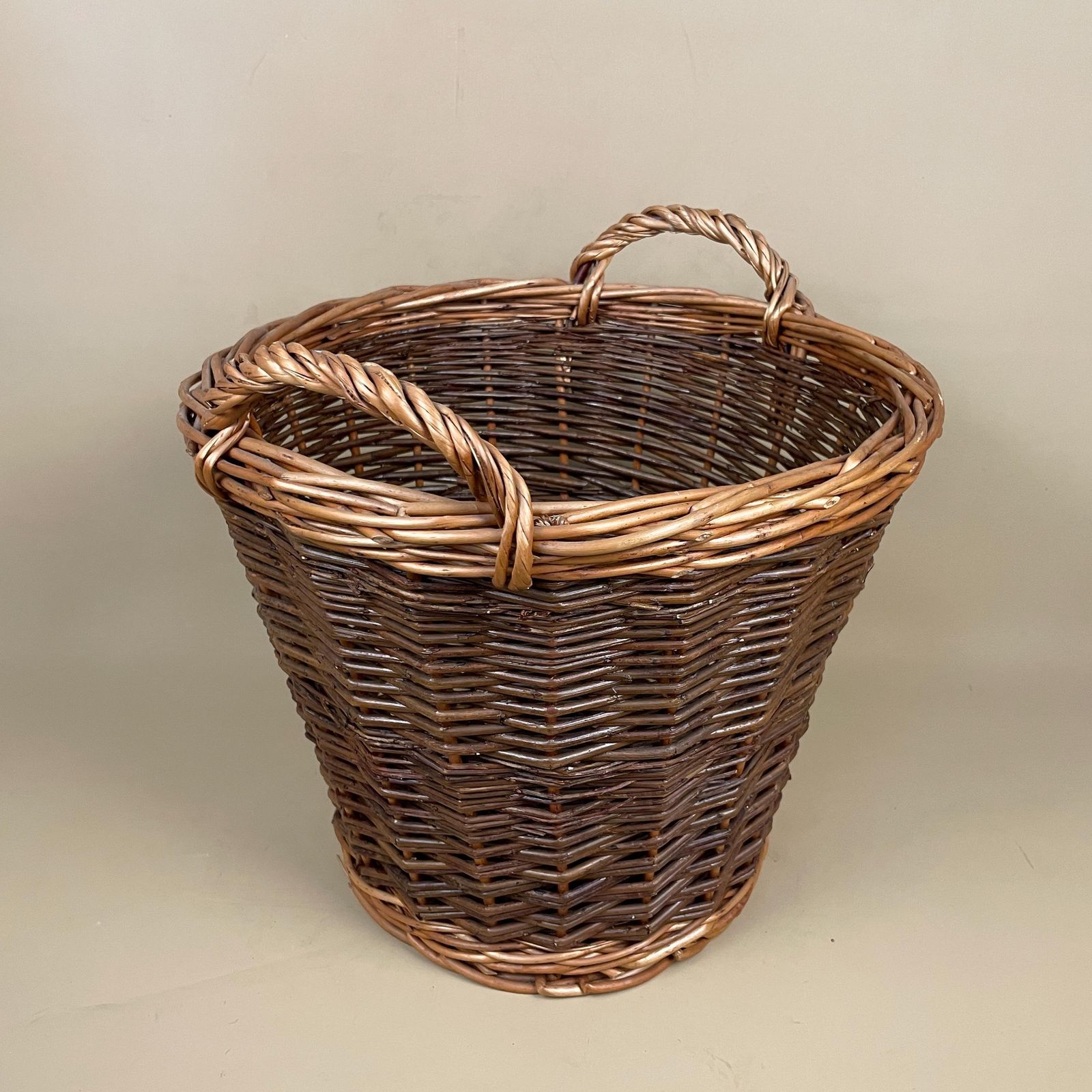Vintage Round Basket Woven Wicker Brown Antique Storage Farmhouse Cottage Decor Cane Wood Handles Logs Fireplace Fire Side 2 Tone