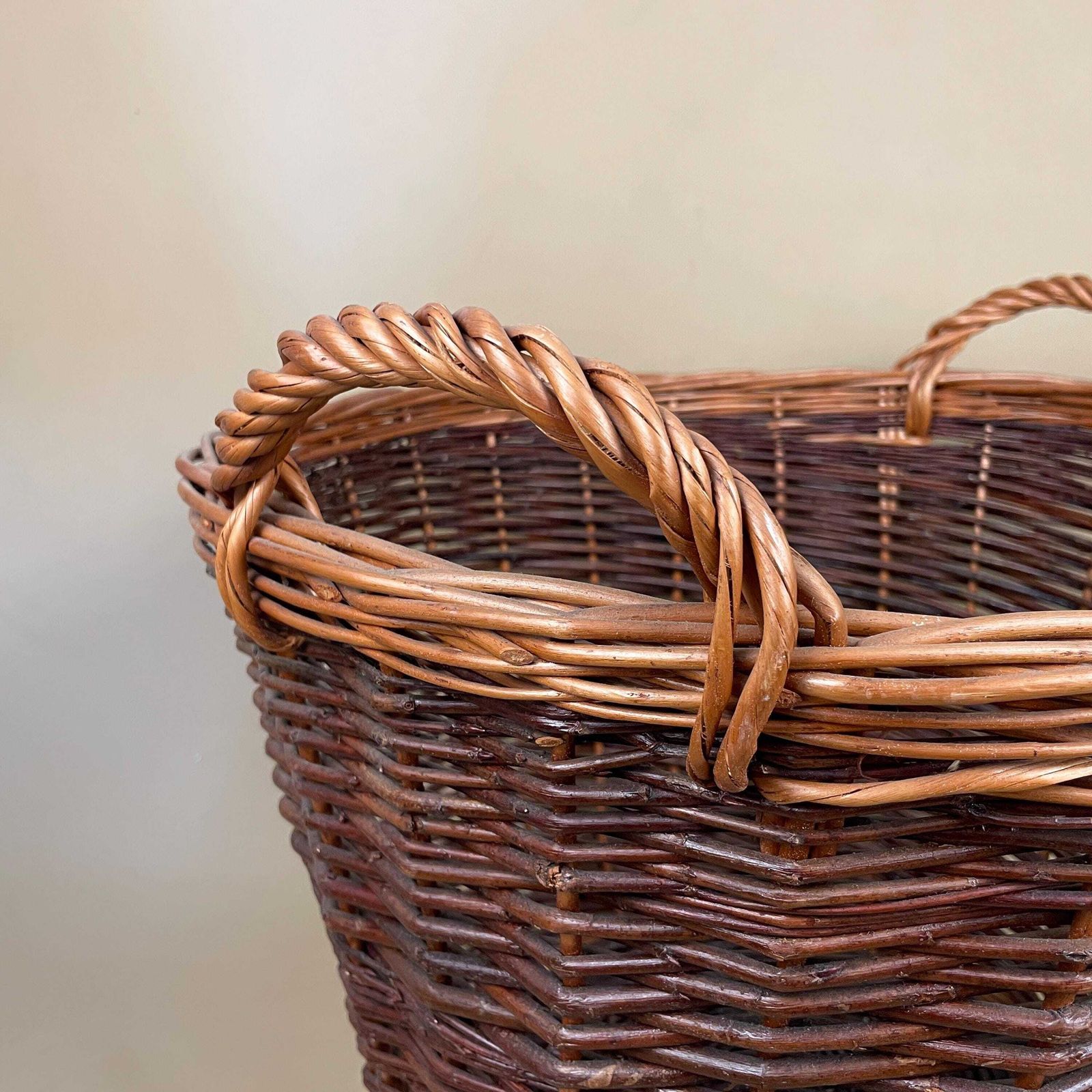Vintage Round Basket Woven Wicker Brown Antique Storage Farmhouse Cottage Decor Large Cane Wood Handles Logs Fireplace Fire Side 2 Tone photo Home Decor