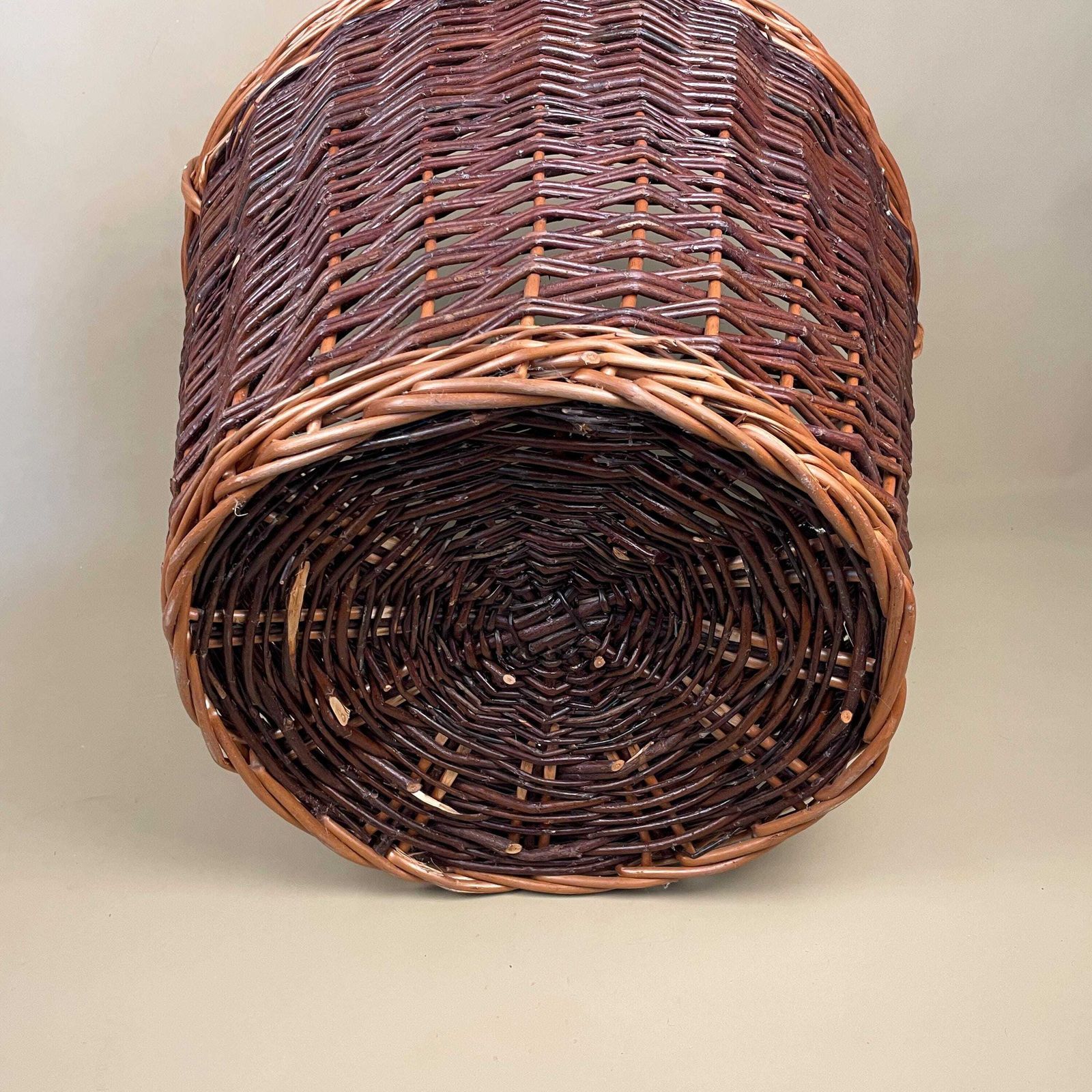photo for sale Vintage Round Basket Woven Wicker Brown Antique Storage Farmhouse Cottage Decor Large Cane Wood Handles Logs Fireplace Fire Side 2 Tone