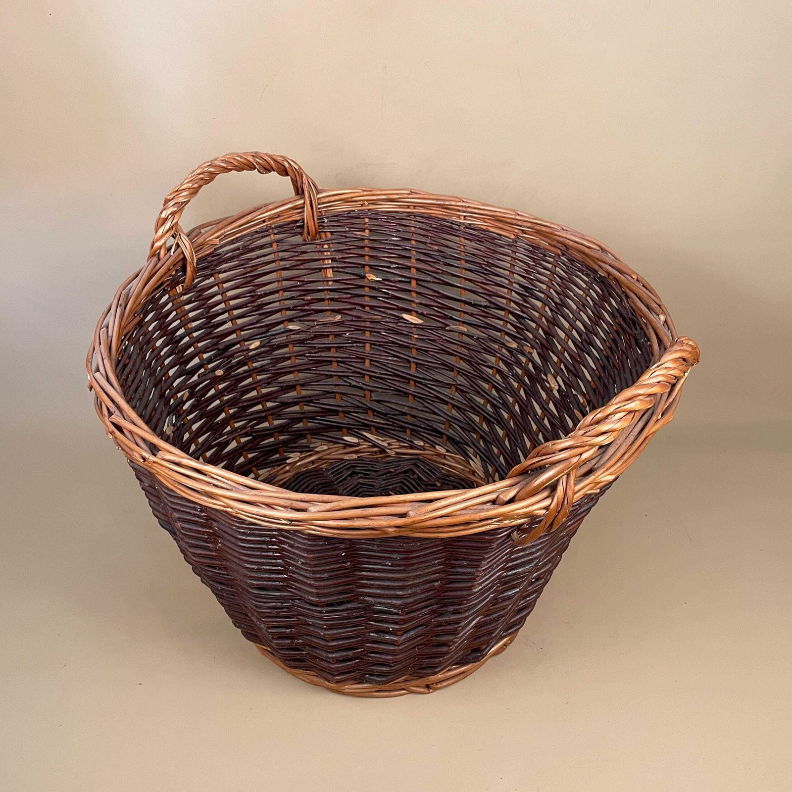 Vintage Round Basket Woven Wicker Brown Antique Storage Farmhouse Cottage Decor Large Cane Wood Handles Logs Fireplace Fire Side 2 Tone photo Home Decor